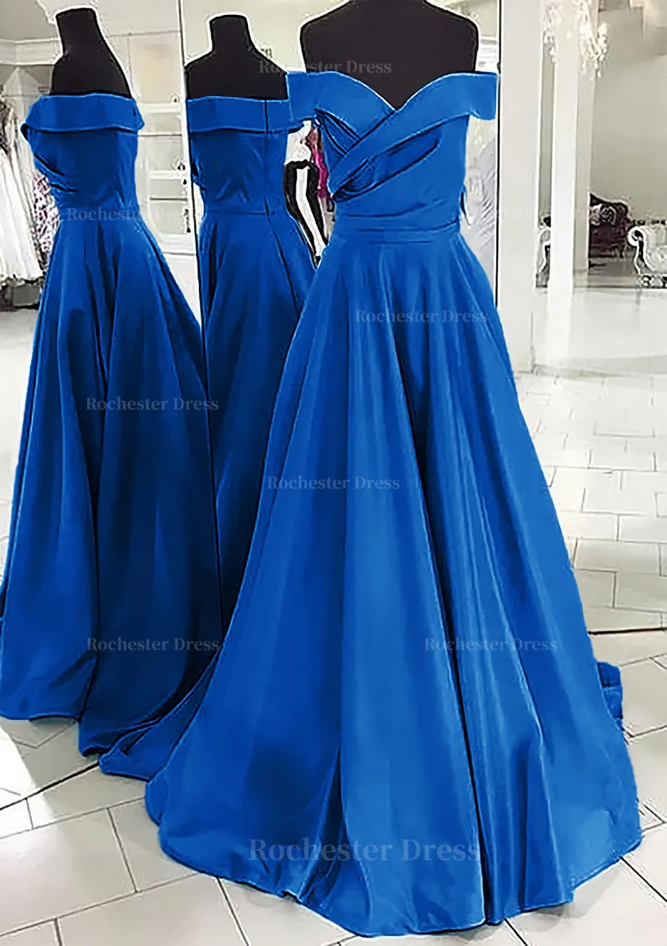 A-line/Princess Off-the-Shoulder Sleeveless Sweep Train Satin Prom Dress