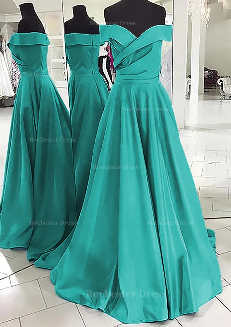 A-line/Princess Off-the-Shoulder Sleeveless Sweep Train Satin Prom Dress