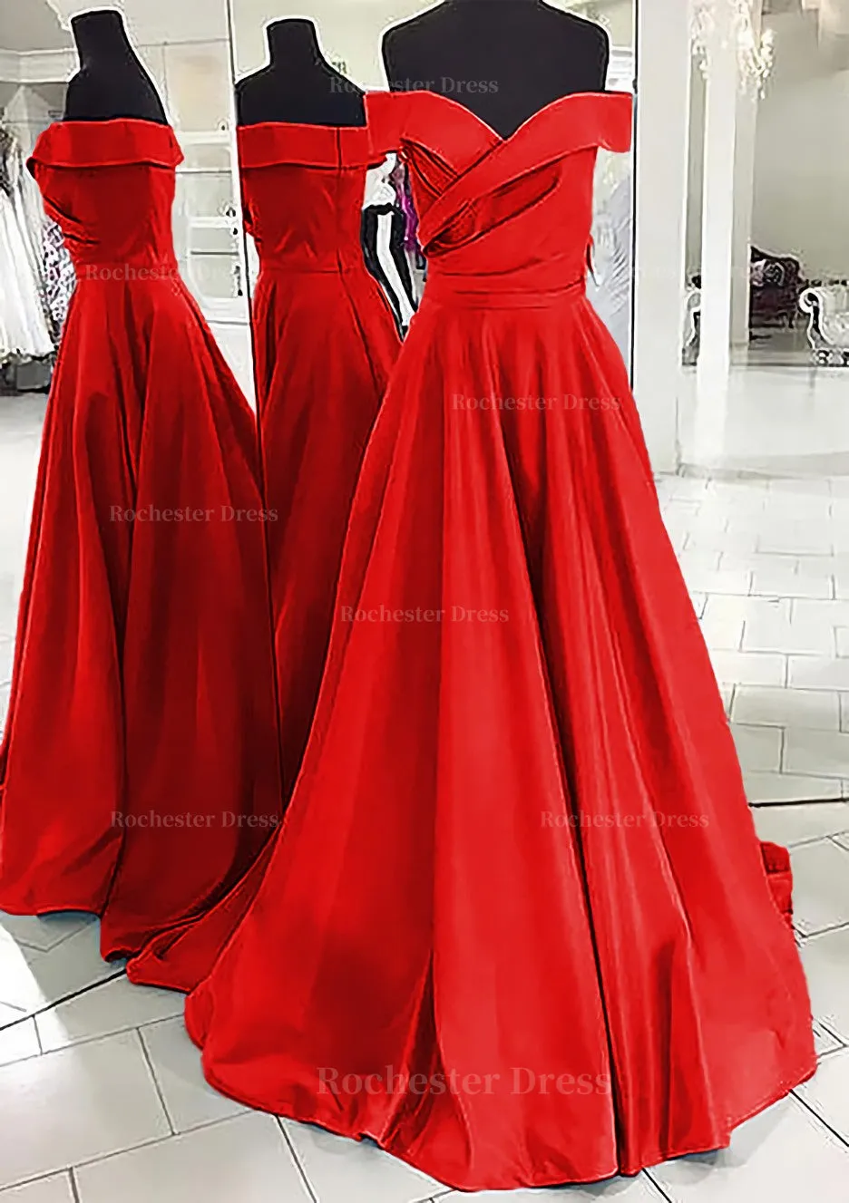 A-line/Princess Off-the-Shoulder Sleeveless Sweep Train Satin Prom Dress