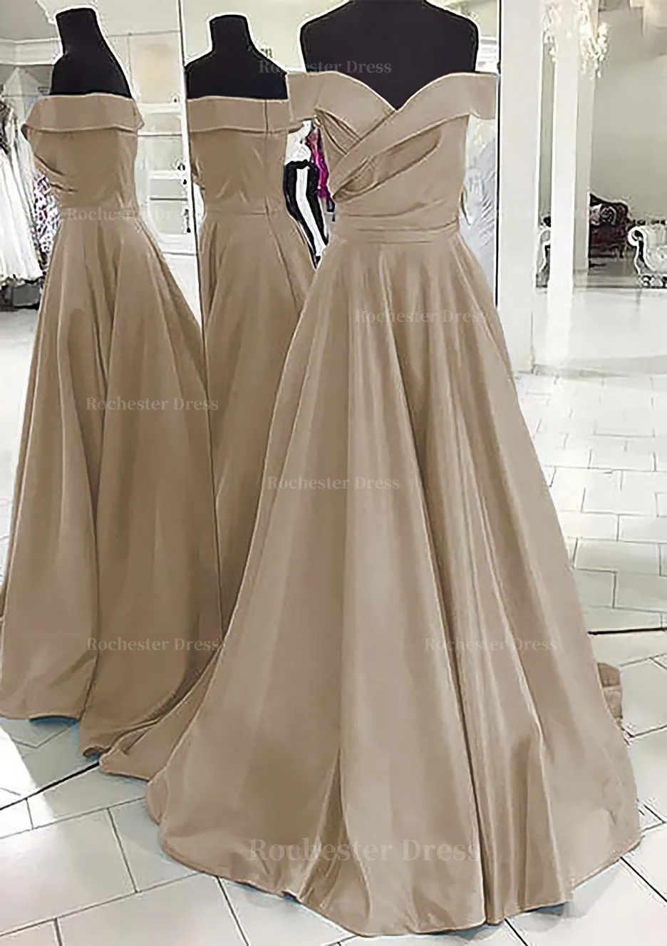 A-line/Princess Off-the-Shoulder Sleeveless Sweep Train Satin Prom Dress