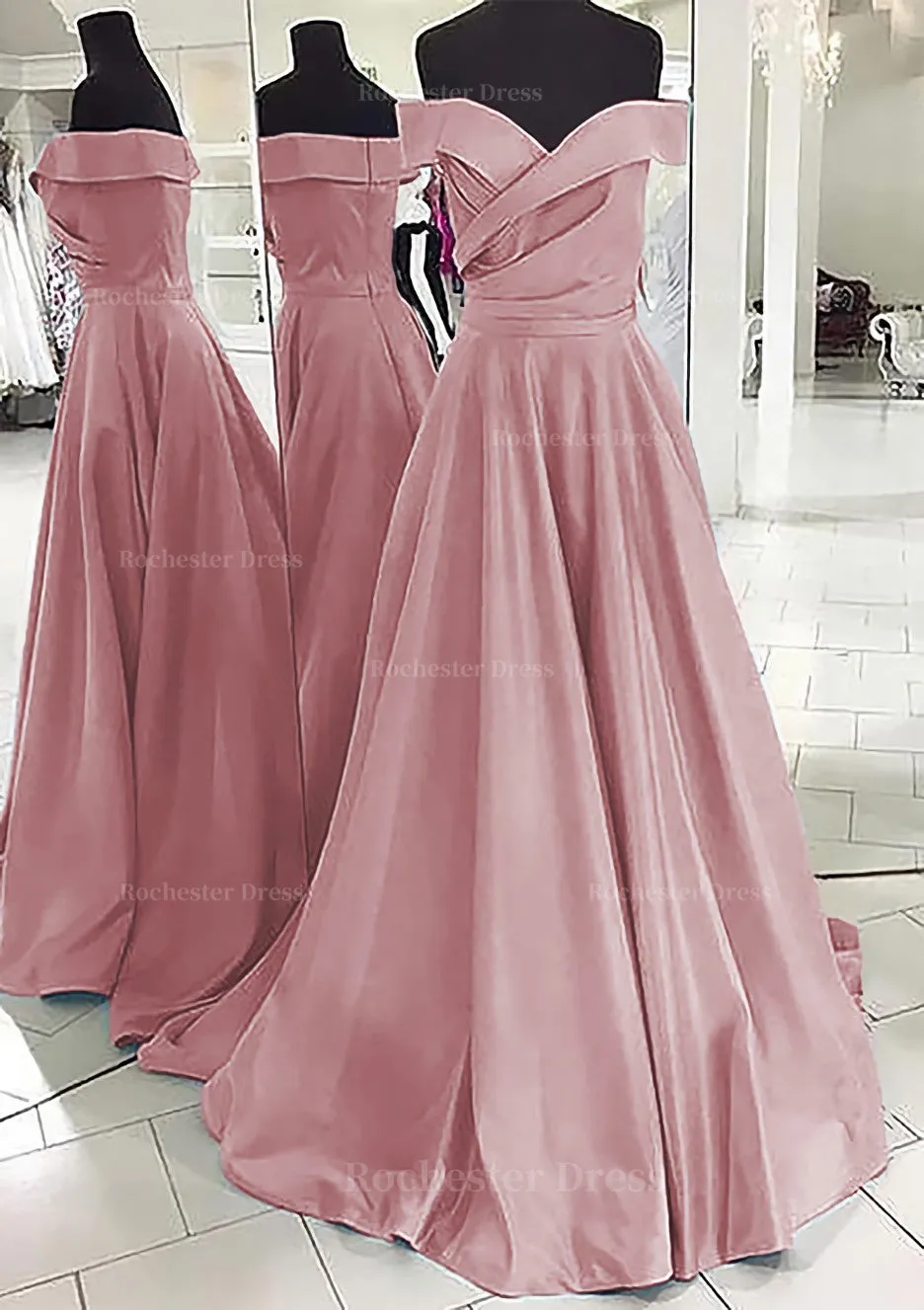 A-line/Princess Off-the-Shoulder Sleeveless Sweep Train Satin Prom Dress