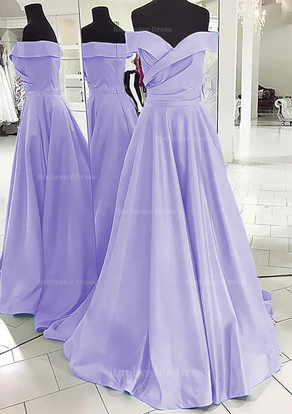 A-line/Princess Off-the-Shoulder Sleeveless Sweep Train Satin Prom Dress