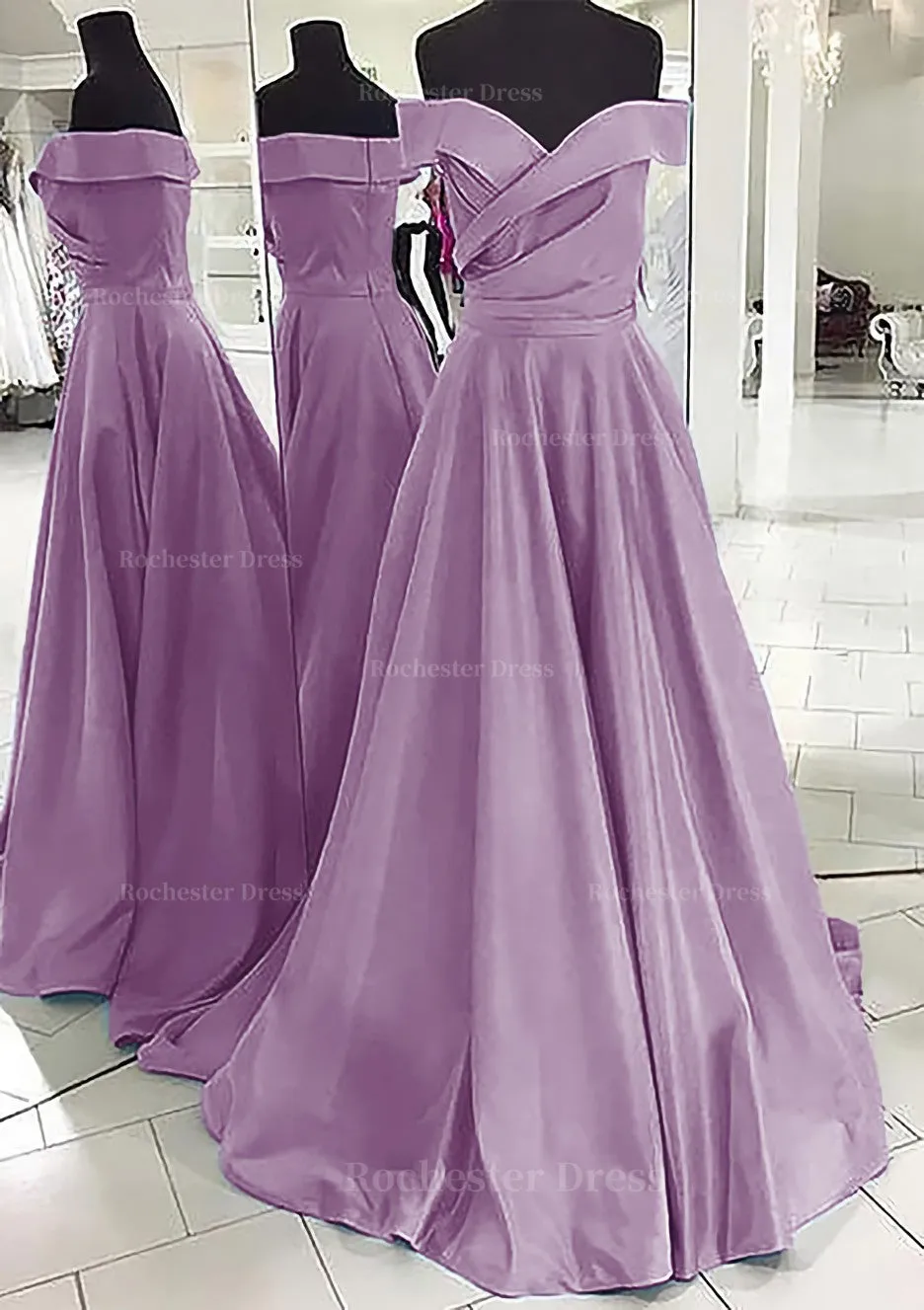 A-line/Princess Off-the-Shoulder Sleeveless Sweep Train Satin Prom Dress