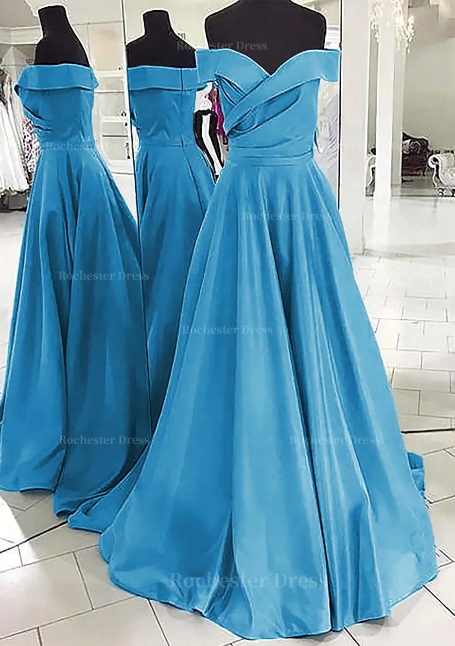 A-line/Princess Off-the-Shoulder Sleeveless Sweep Train Satin Prom Dress