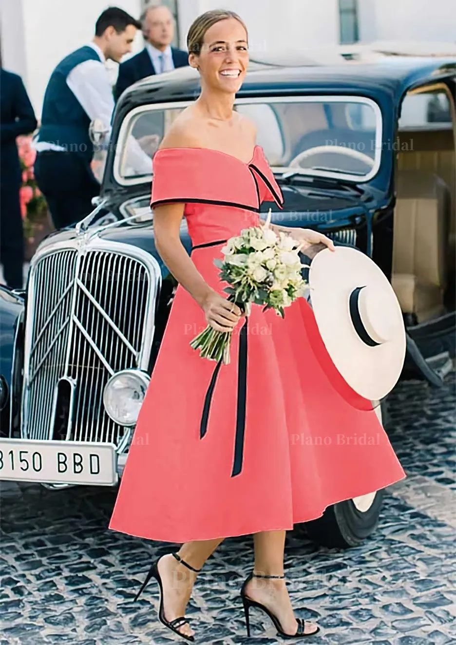 A-line/Princess Off-the-Shoulder Sleeveless Tea-Length Satin Bridesmaid Dresses With Low Back