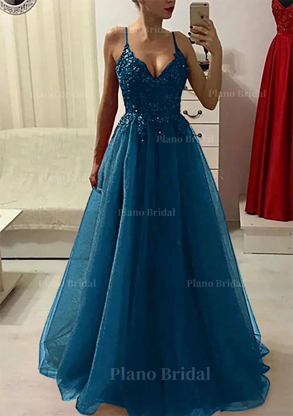 A-line/Princess V Neck Sleeveless Long/Floor-Length Prom Dress With Appliqued Beading