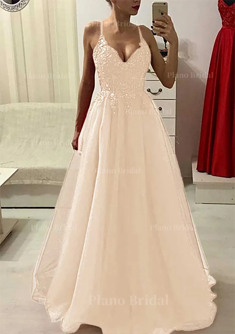 A-line/Princess V Neck Sleeveless Long/Floor-Length Prom Dress With Appliqued Beading