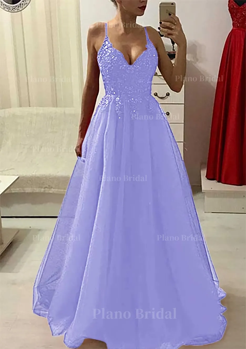 A-line/Princess V Neck Sleeveless Long/Floor-Length Prom Dress With Appliqued Beading