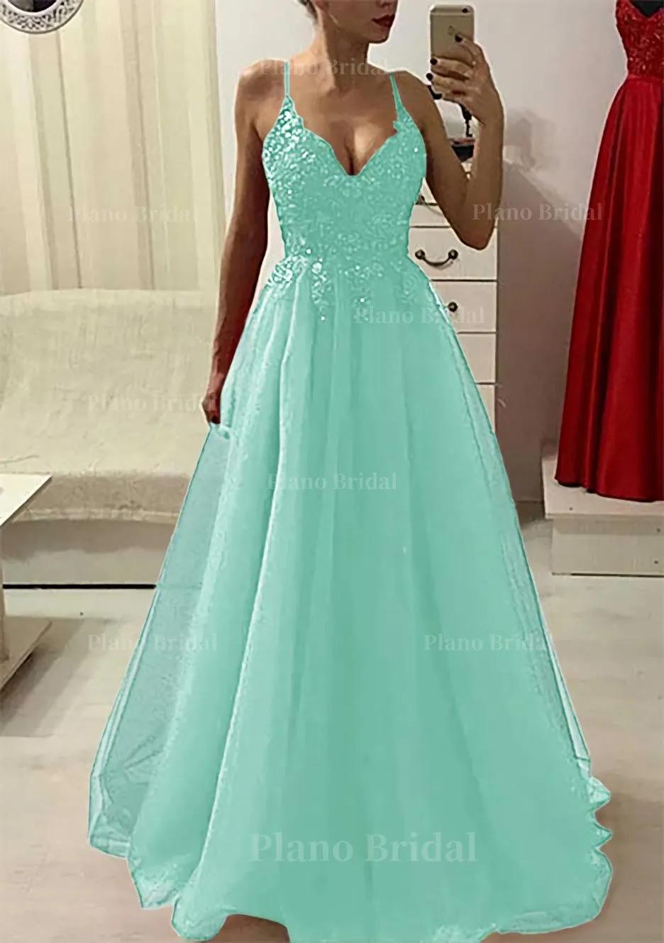 A-line/Princess V Neck Sleeveless Long/Floor-Length Prom Dress With Appliqued Beading