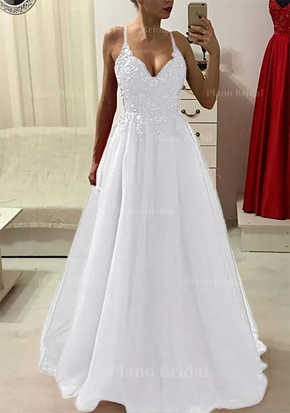 A-line/Princess V Neck Sleeveless Long/Floor-Length Prom Dress With Appliqued Beading