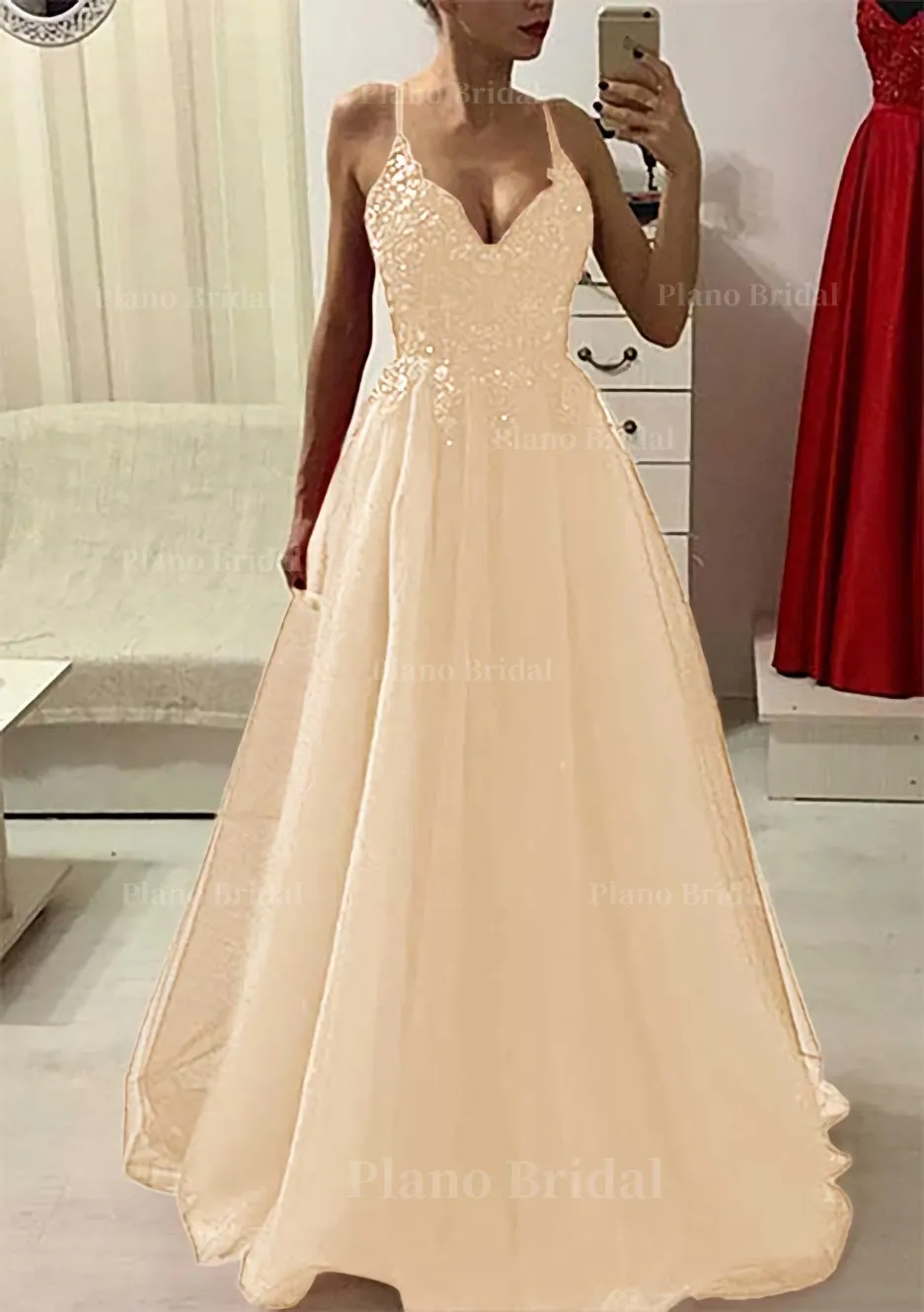 A-line/Princess V Neck Sleeveless Long/Floor-Length Prom Dress With Appliqued Beading