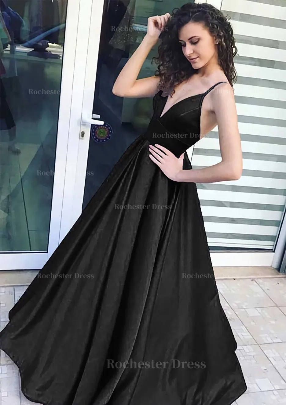 A-line/Princess V Neck Sleeveless Long/Floor-Length Satin Prom Dress