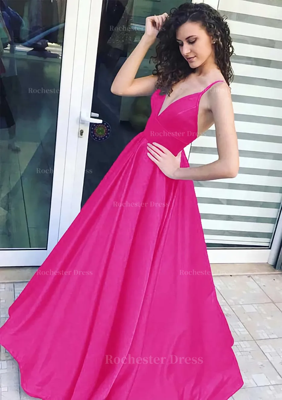 A-line/Princess V Neck Sleeveless Long/Floor-Length Satin Prom Dress