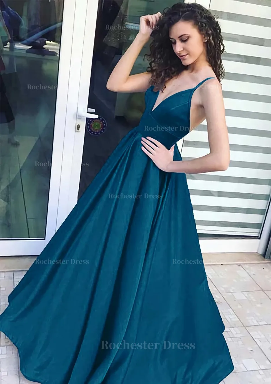 A-line/Princess V Neck Sleeveless Long/Floor-Length Satin Prom Dress