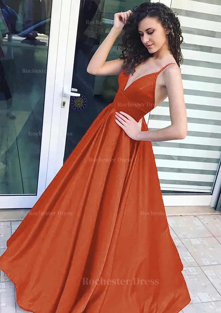 A-line/Princess V Neck Sleeveless Long/Floor-Length Satin Prom Dress