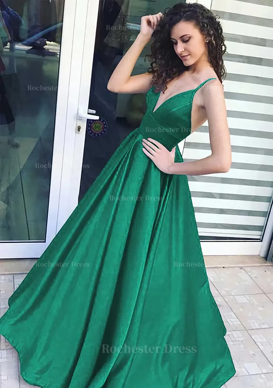 A-line/Princess V Neck Sleeveless Long/Floor-Length Satin Prom Dress