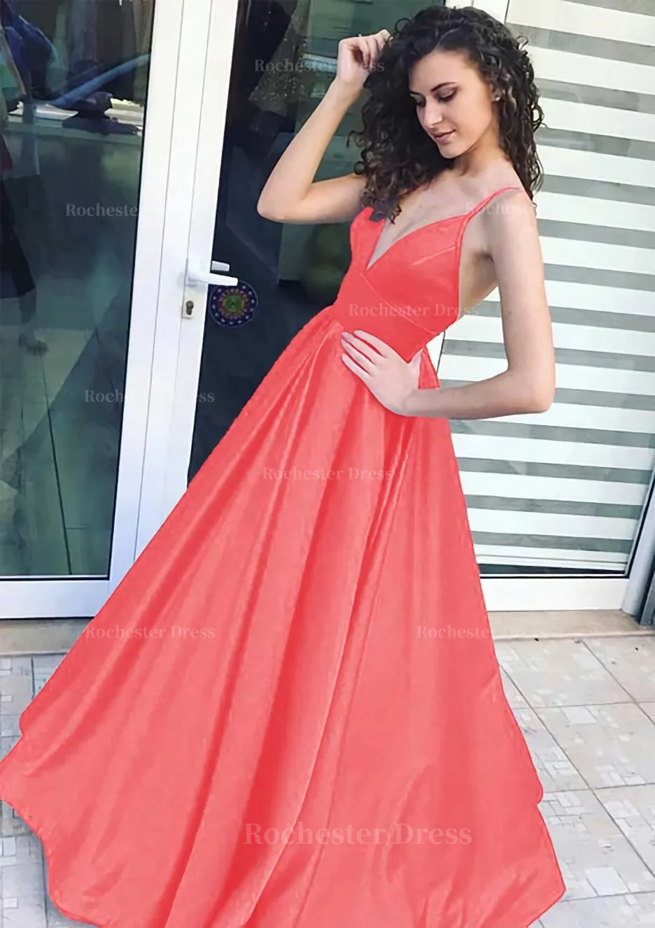 A-line/Princess V Neck Sleeveless Long/Floor-Length Satin Prom Dress