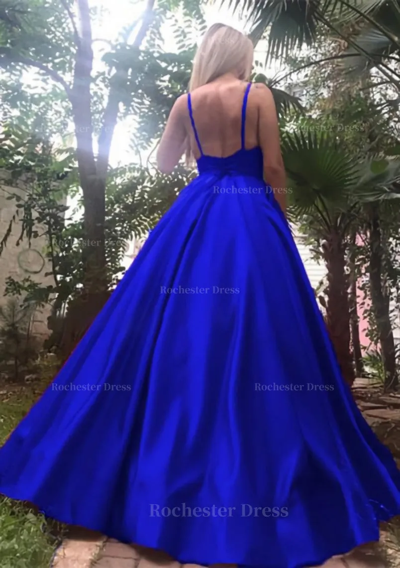 A-line/Princess V Neck Sleeveless Long/Floor-Length Satin Prom Dress