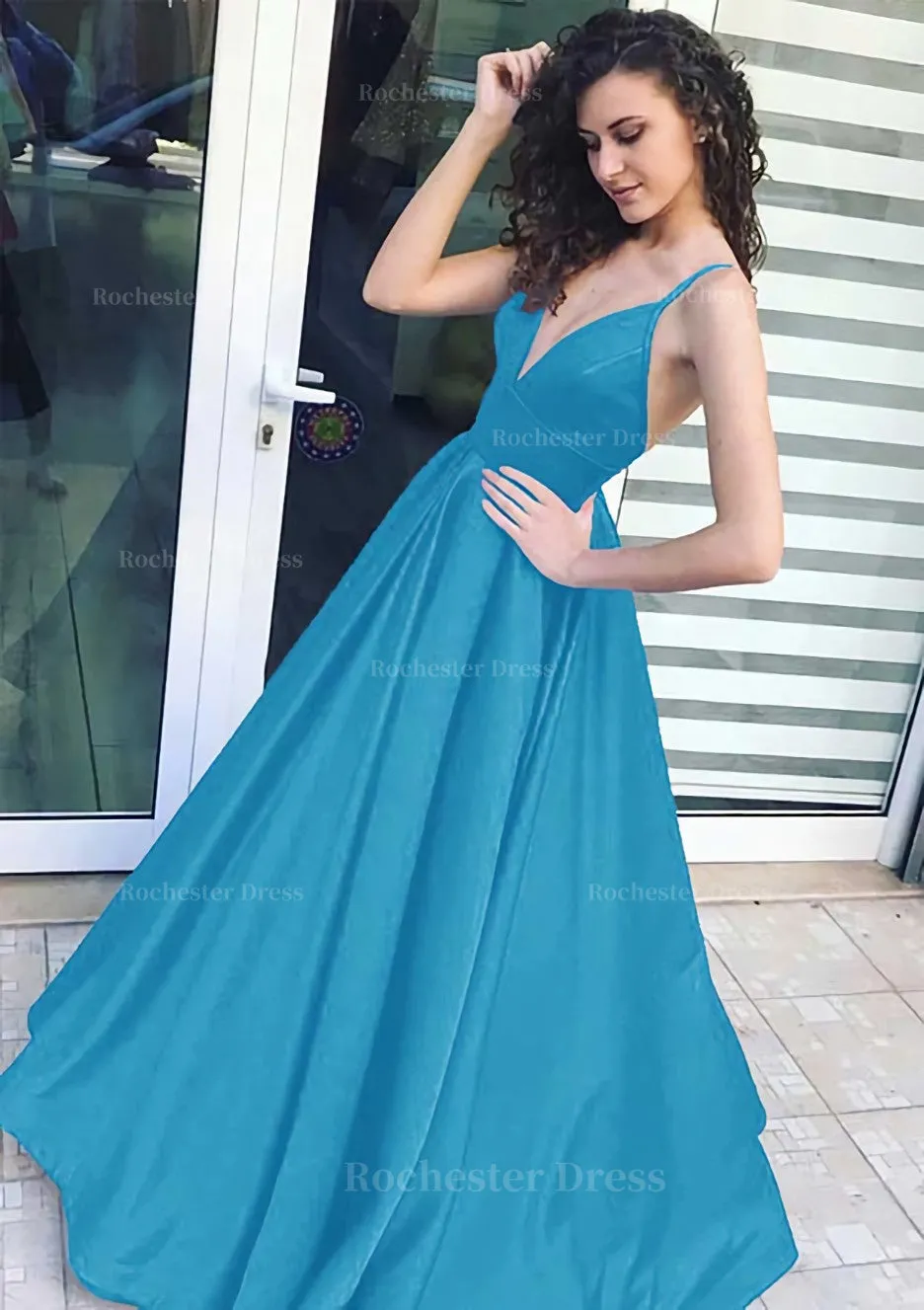 A-line/Princess V Neck Sleeveless Long/Floor-Length Satin Prom Dress