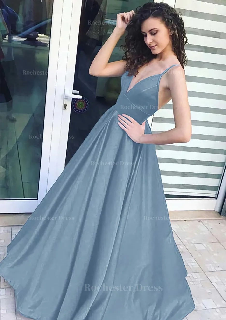 A-line/Princess V Neck Sleeveless Long/Floor-Length Satin Prom Dress