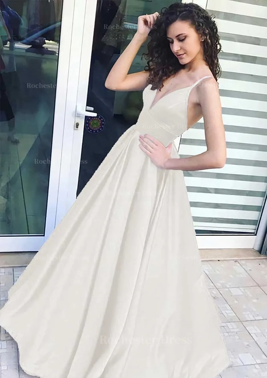 A-line/Princess V Neck Sleeveless Long/Floor-Length Satin Prom Dress