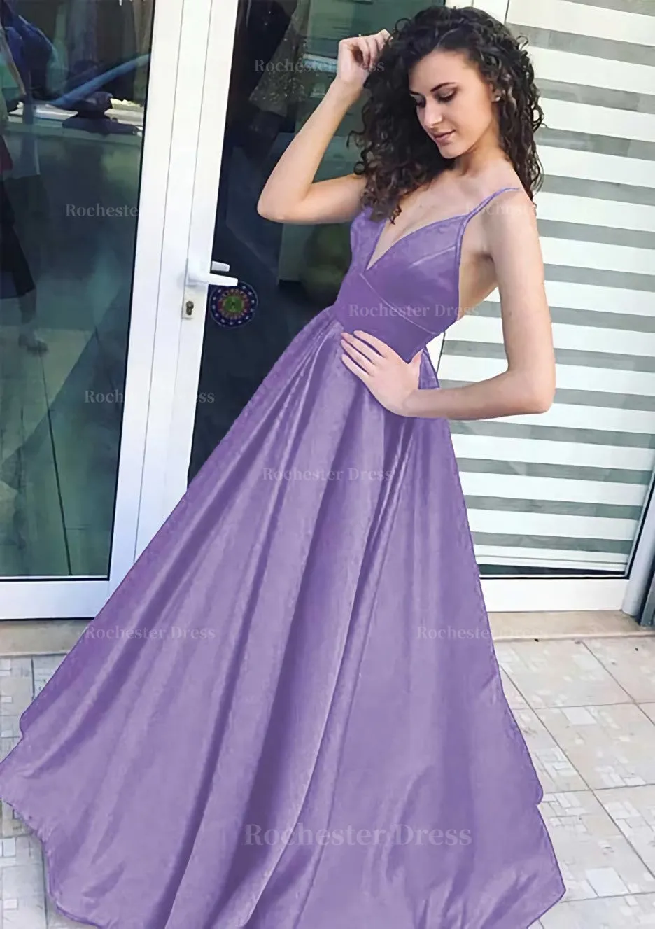 A-line/Princess V Neck Sleeveless Long/Floor-Length Satin Prom Dress