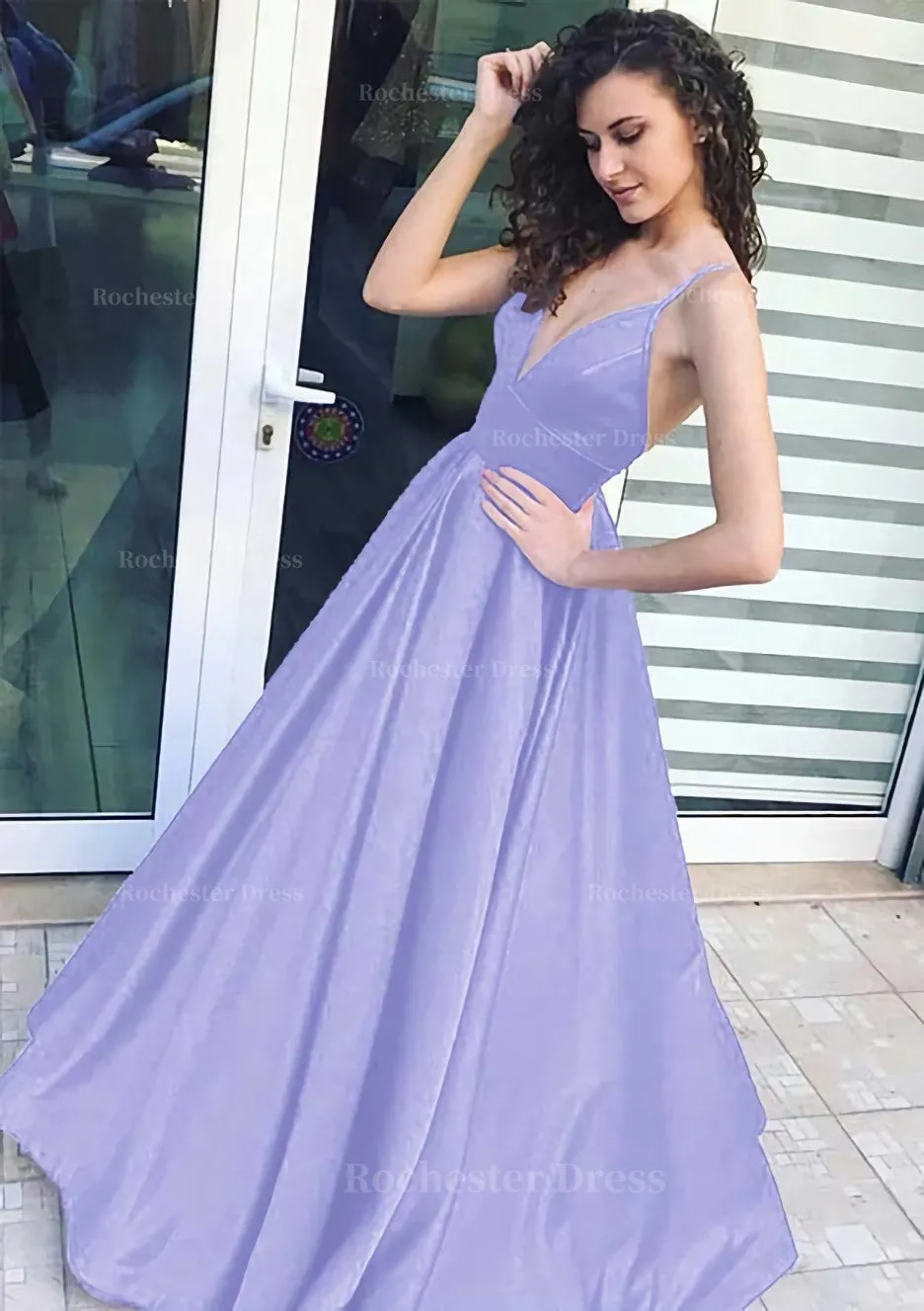 A-line/Princess V Neck Sleeveless Long/Floor-Length Satin Prom Dress