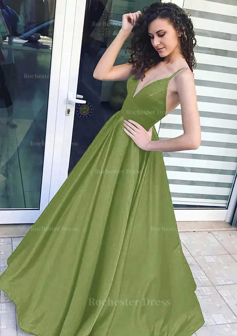 A-line/Princess V Neck Sleeveless Long/Floor-Length Satin Prom Dress