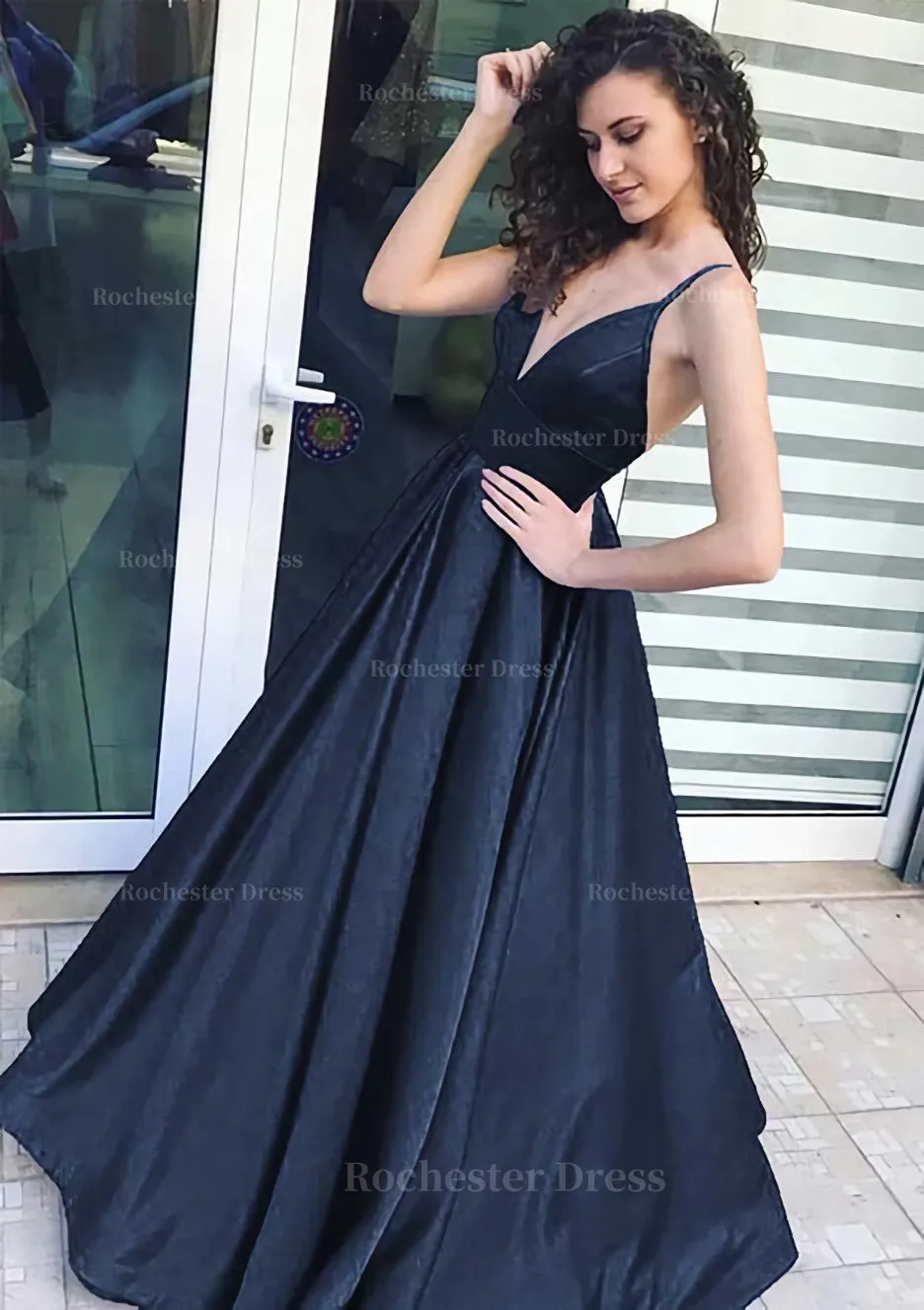 A-line/Princess V Neck Sleeveless Long/Floor-Length Satin Prom Dress