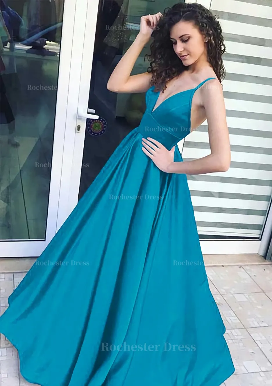 A-line/Princess V Neck Sleeveless Long/Floor-Length Satin Prom Dress