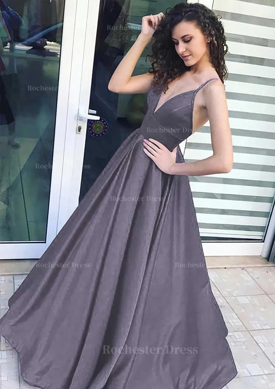 A-line/Princess V Neck Sleeveless Long/Floor-Length Satin Prom Dress