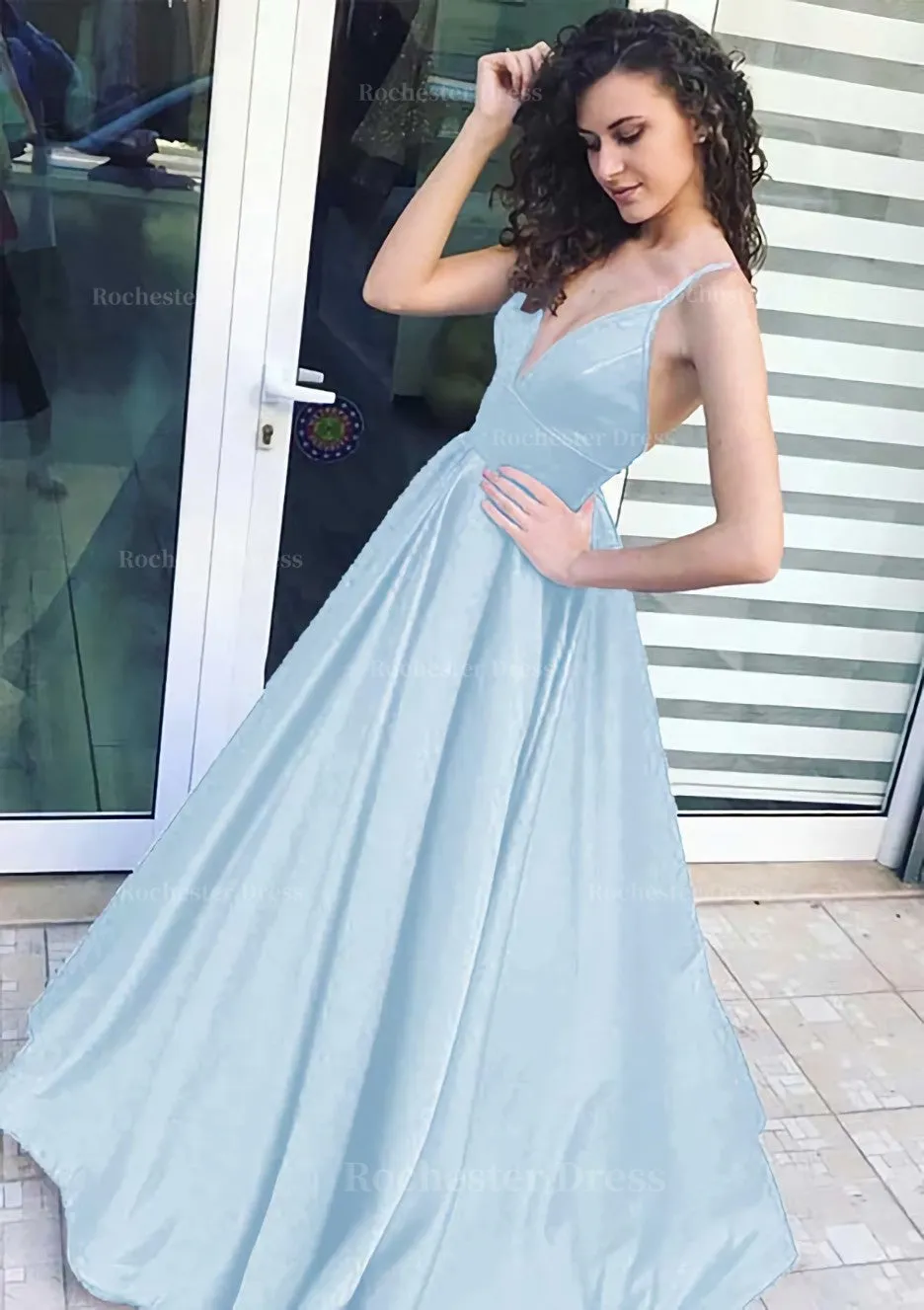 A-line/Princess V Neck Sleeveless Long/Floor-Length Satin Prom Dress