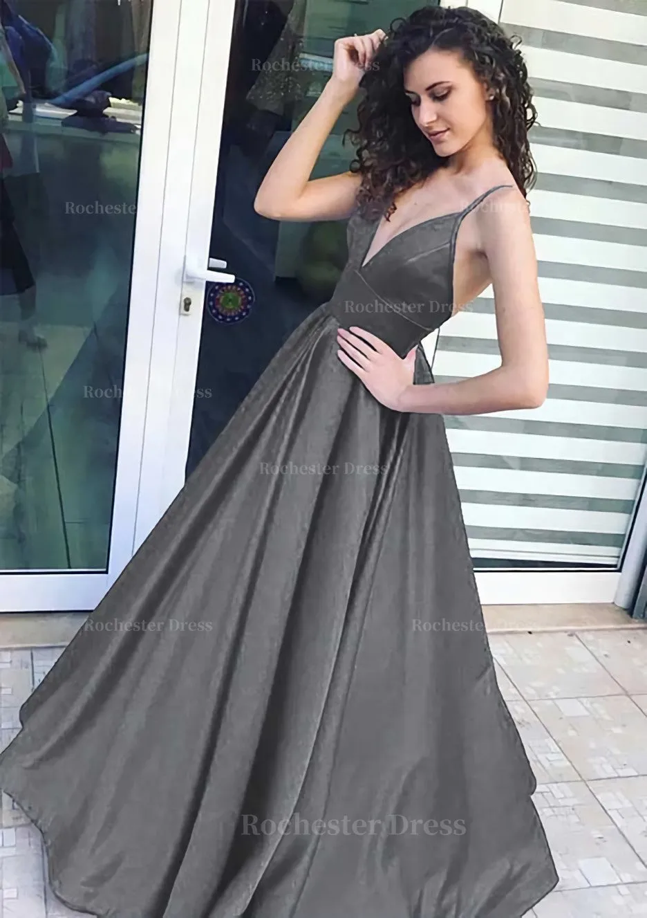 A-line/Princess V Neck Sleeveless Long/Floor-Length Satin Prom Dress