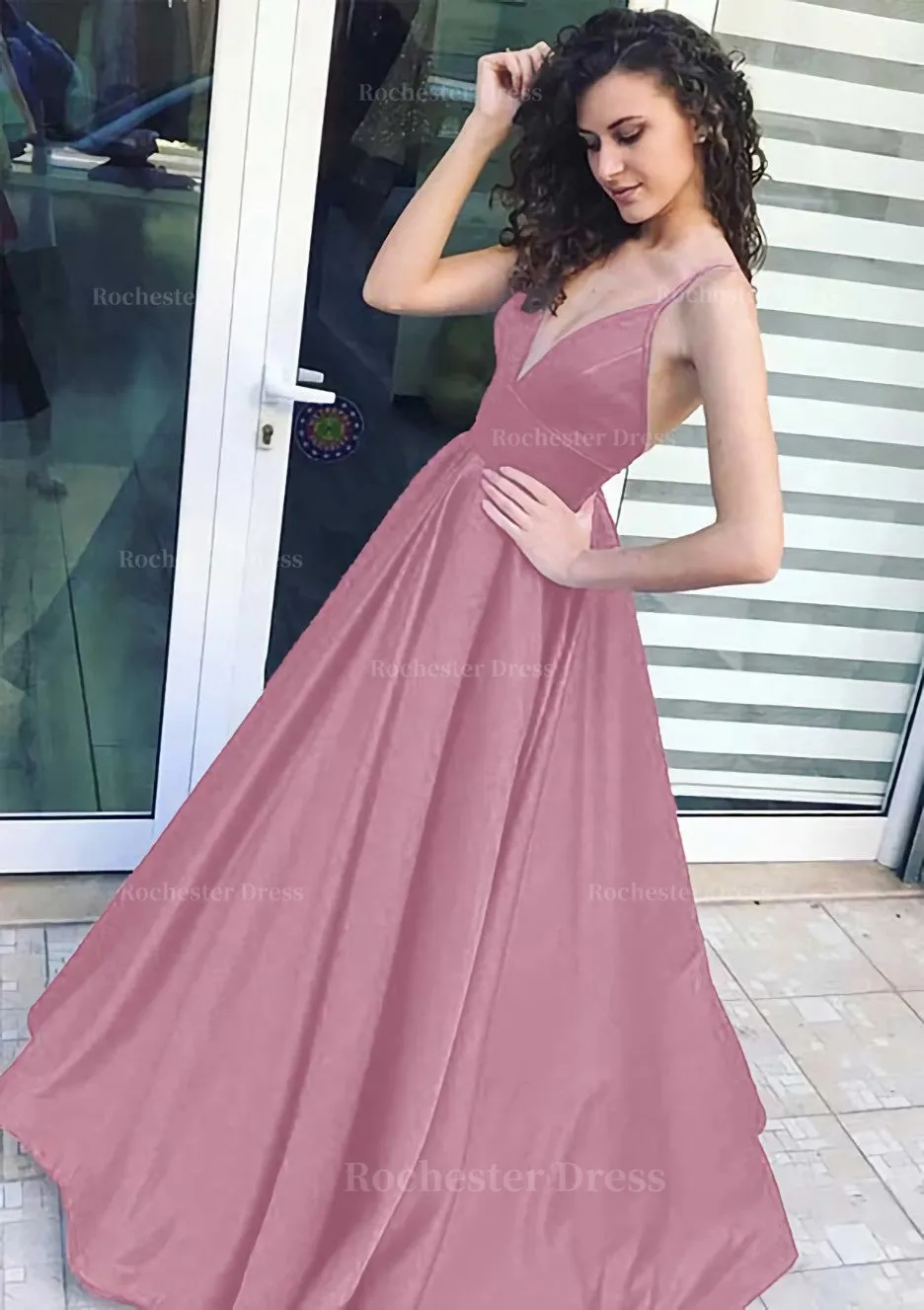 A-line/Princess V Neck Sleeveless Long/Floor-Length Satin Prom Dress