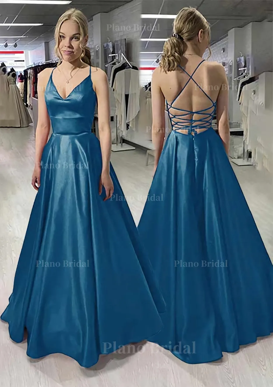 A-line/Princess V Neck Sleeveless Satin Long/Floor-Length Prom Dress