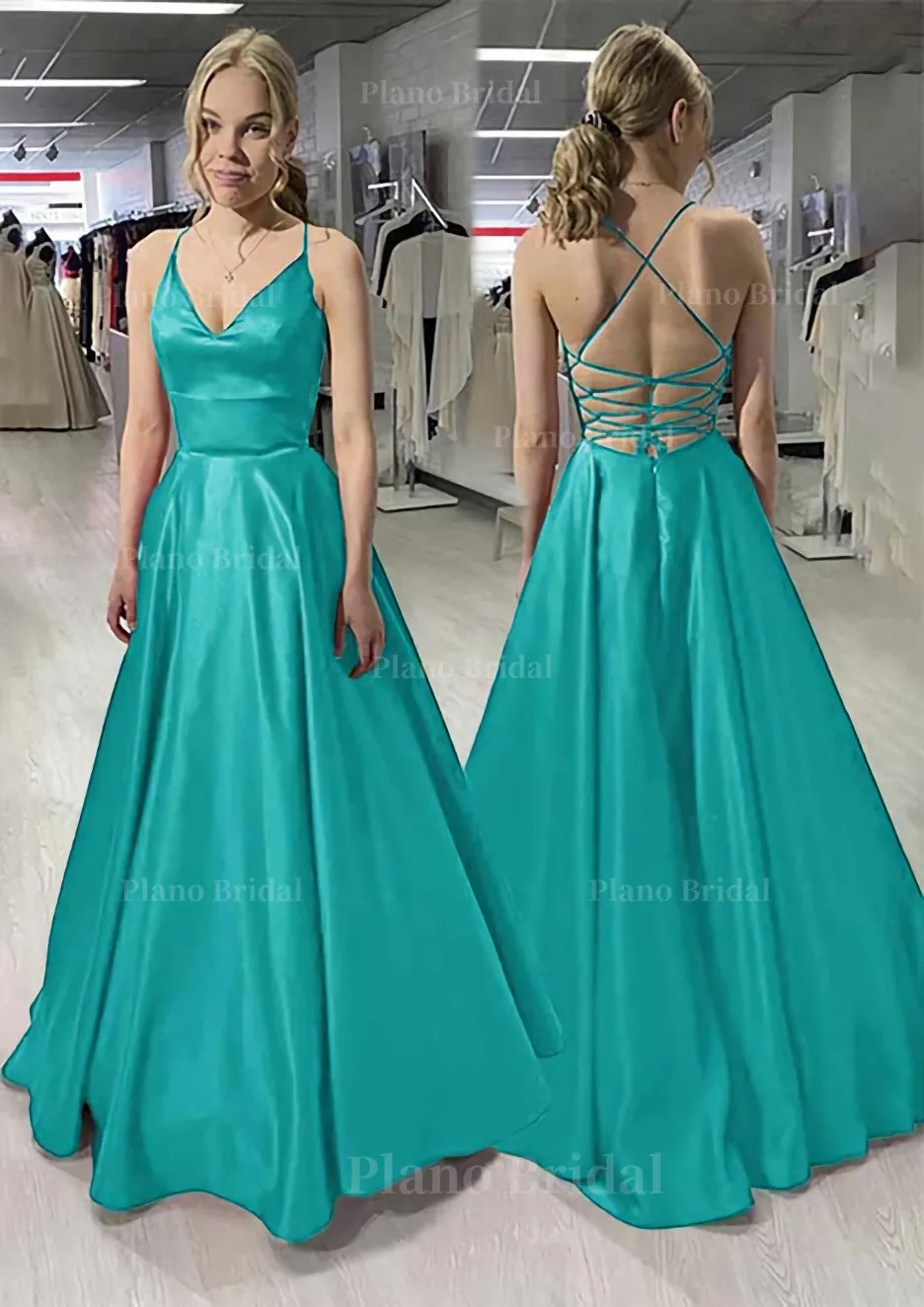 A-line/Princess V Neck Sleeveless Satin Long/Floor-Length Prom Dress