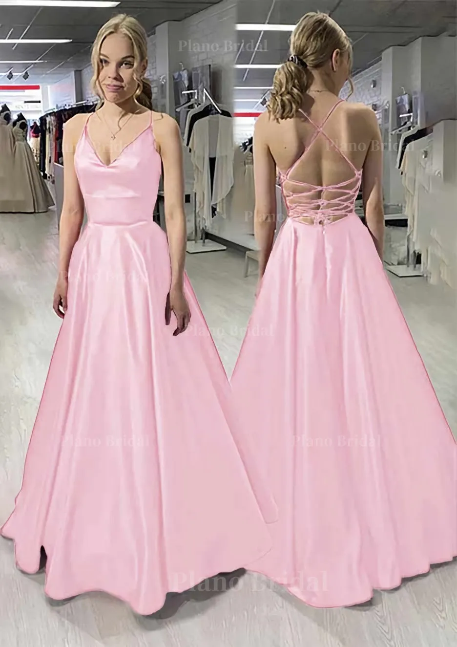 A-line/Princess V Neck Sleeveless Satin Long/Floor-Length Prom Dress