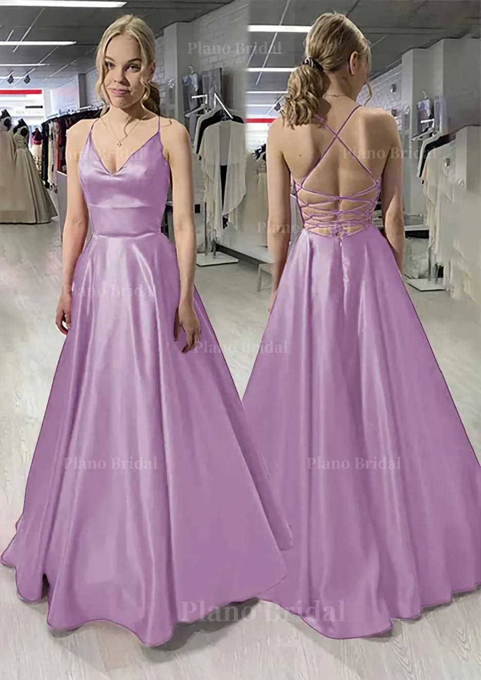 A-line/Princess V Neck Sleeveless Satin Long/Floor-Length Prom Dress