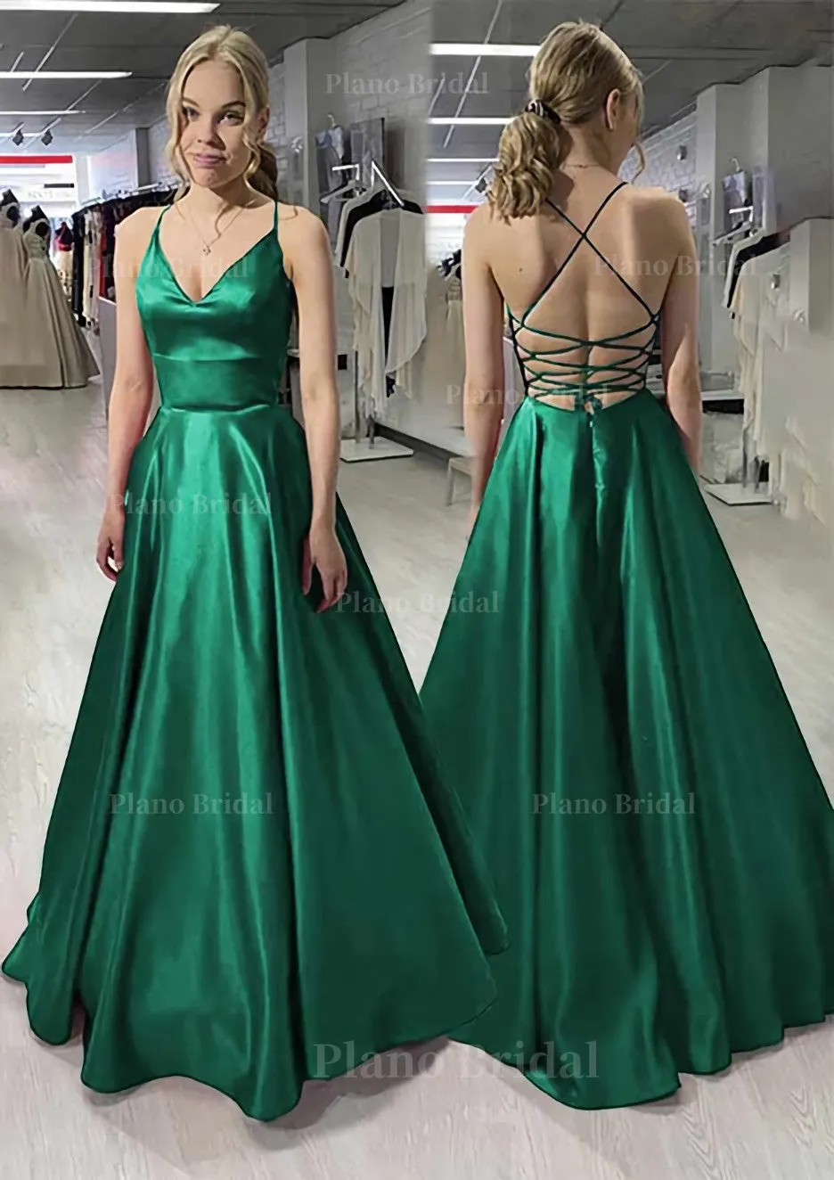 A-line/Princess V Neck Sleeveless Satin Long/Floor-Length Prom Dress