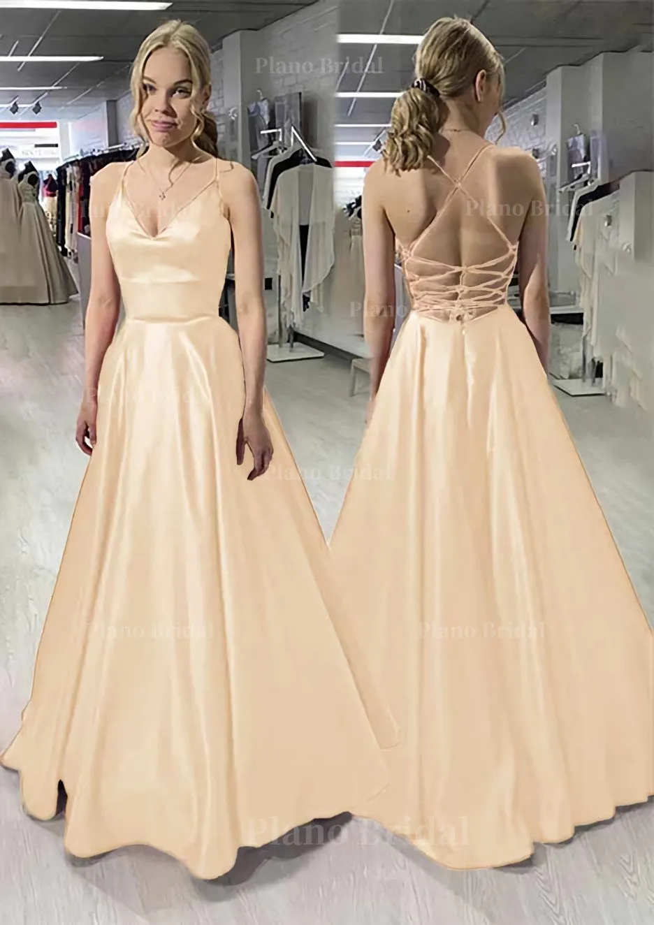 A-line/Princess V Neck Sleeveless Satin Long/Floor-Length Prom Dress