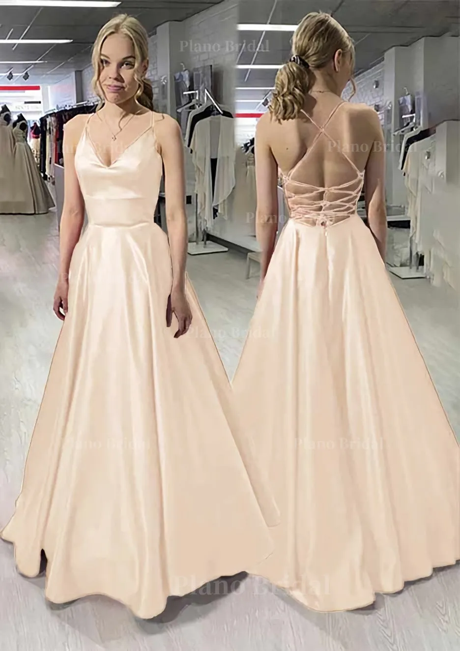 A-line/Princess V Neck Sleeveless Satin Long/Floor-Length Prom Dress