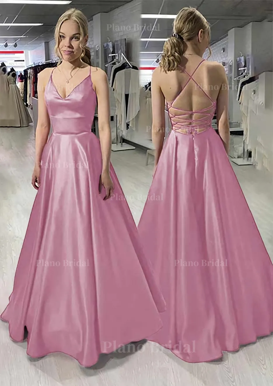 A-line/Princess V Neck Sleeveless Satin Long/Floor-Length Prom Dress