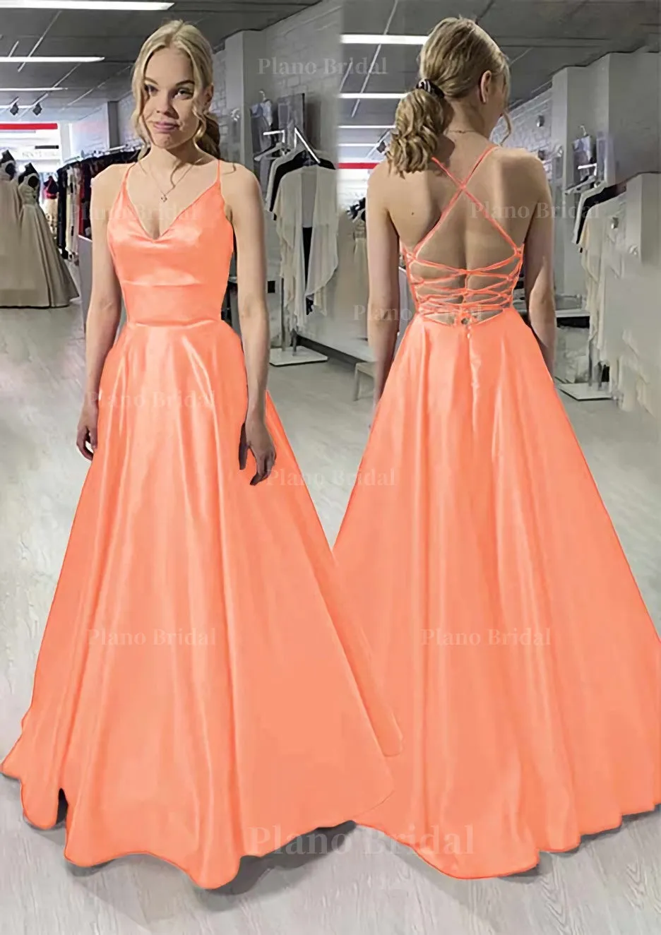 A-line/Princess V Neck Sleeveless Satin Long/Floor-Length Prom Dress