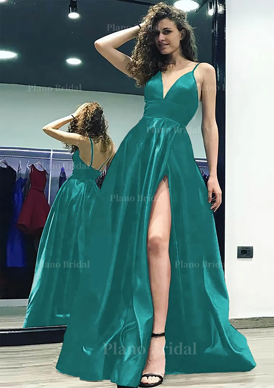 A-line/Princess V Neck Sleeveless Sweep Train Satin Prom Dress With Split