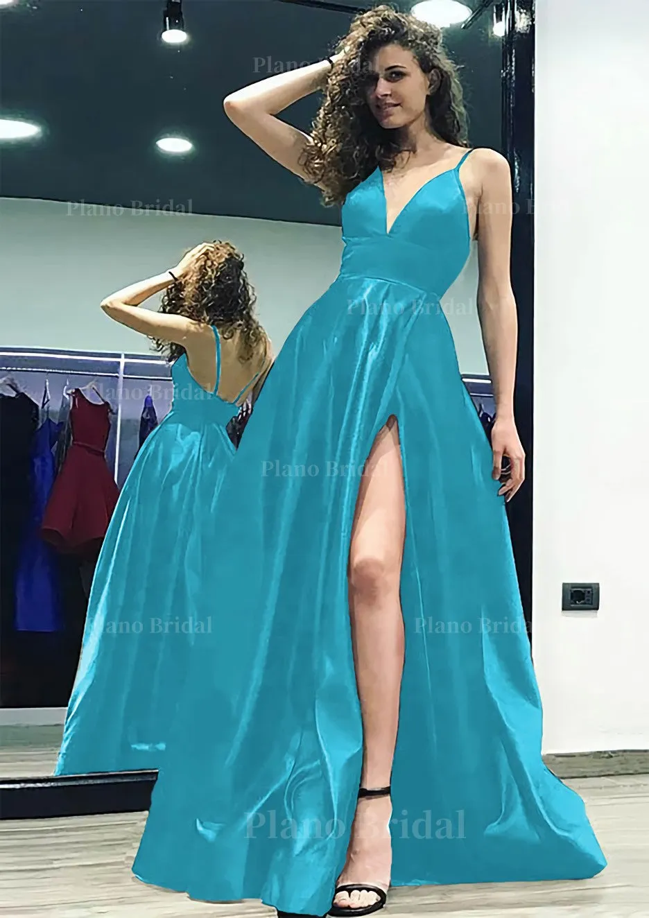 A-line/Princess V Neck Sleeveless Sweep Train Satin Prom Dress With Split