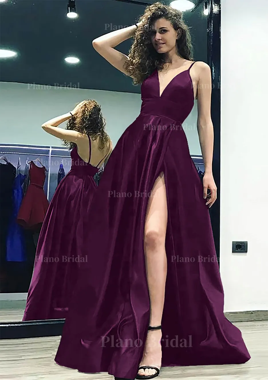 A-line/Princess V Neck Sleeveless Sweep Train Satin Prom Dress With Split