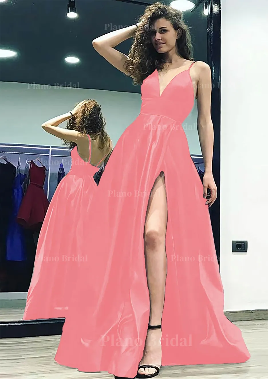 A-line/Princess V Neck Sleeveless Sweep Train Satin Prom Dress With Split