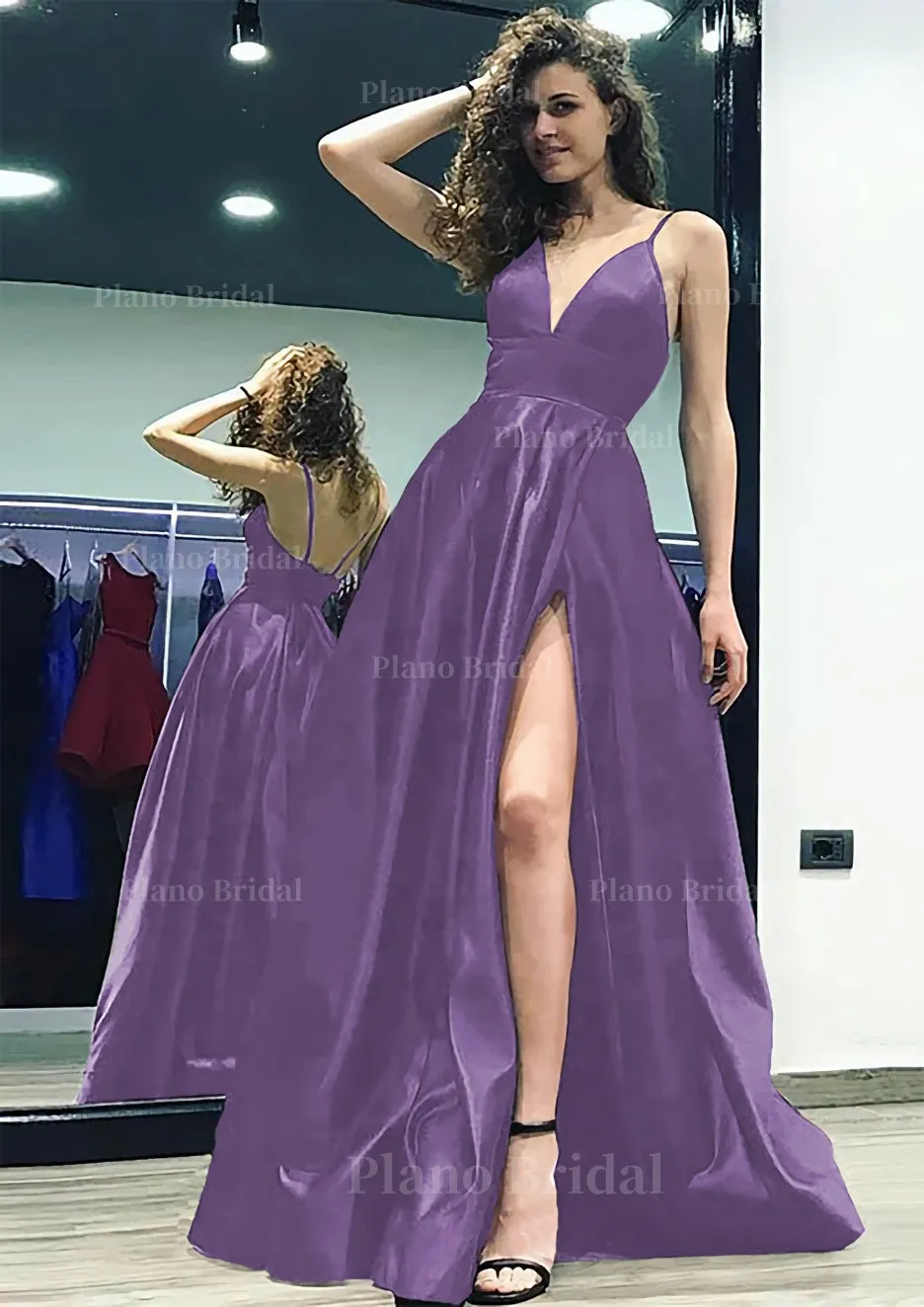 A-line/Princess V Neck Sleeveless Sweep Train Satin Prom Dress With Split