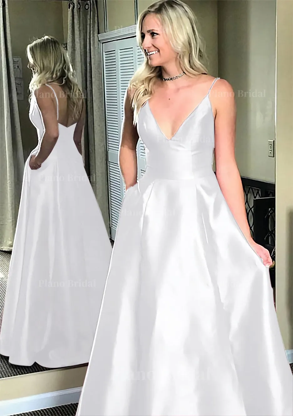 A-line/Princess V Neck Sleeveless Sweep Train Satin Prom Dresses