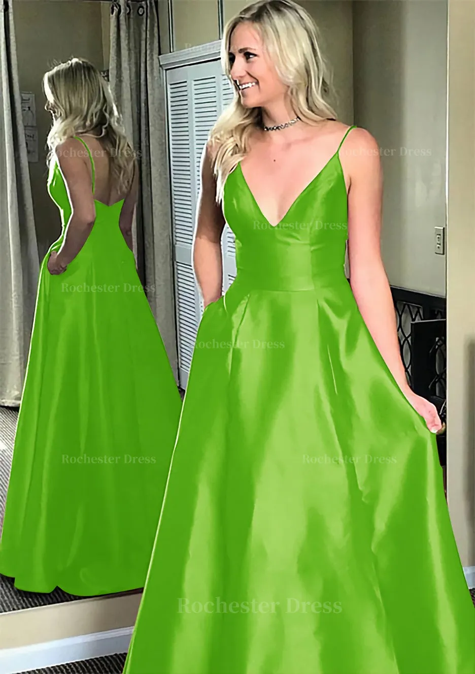 A-line/Princess V Neck Sleeveless Sweep Train Satin Prom Dresses